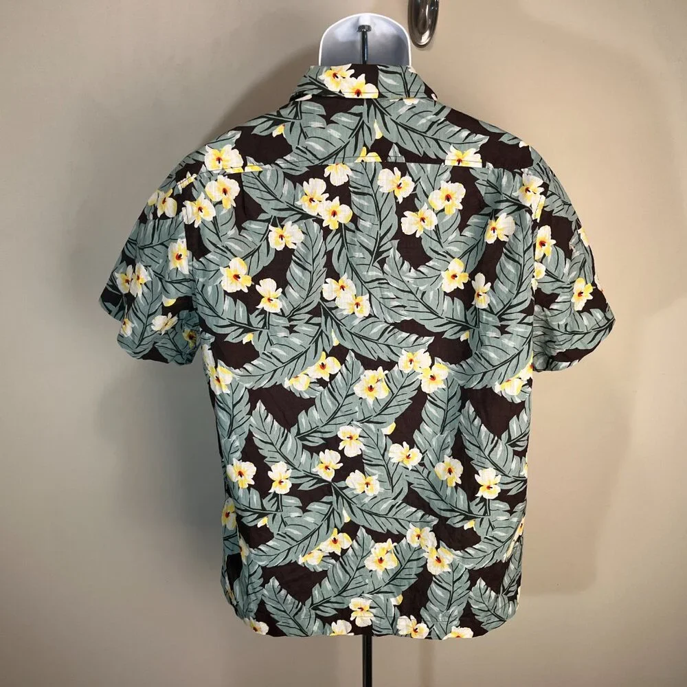 🌺 J. Crew Men’s M Brown Green Yellow Hawaiian Short Sleeve Loop Collar Shirt 🌴